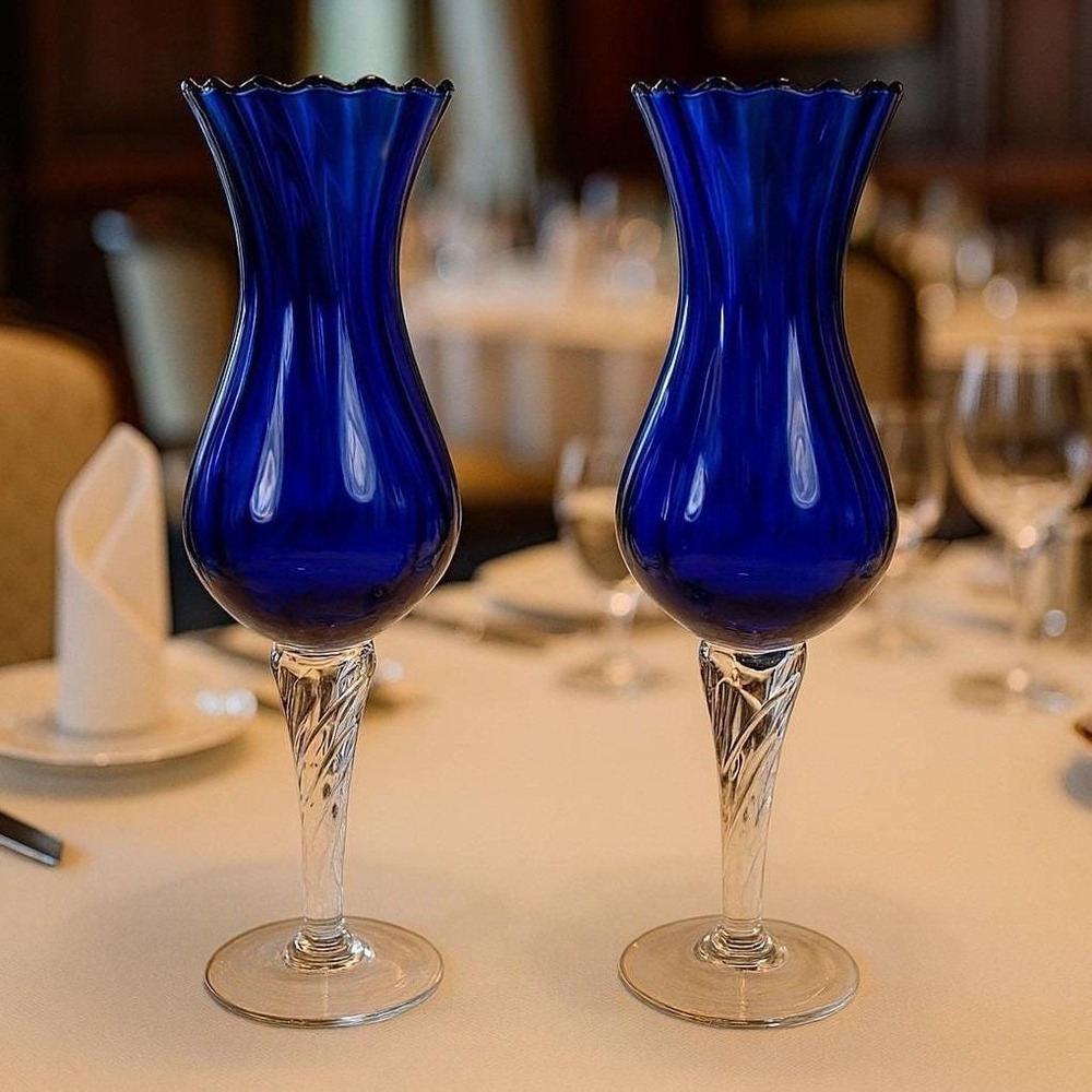 Vintage Blue Optic Swirl Wine Goblets Set of 2 Tall Twisted Stem Glass
